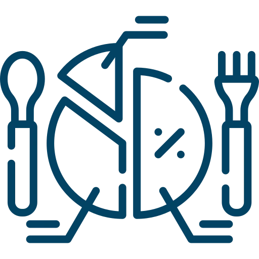 Mindfulness Eating, consapevolezza nell'alimentazione: icona che rappresenta posate e un diagramma a torta diviso a fette cons imbolo percentuale all'interno